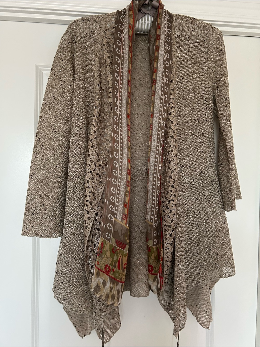 Women's Taupe Knit Open Cardigan with Scarf
